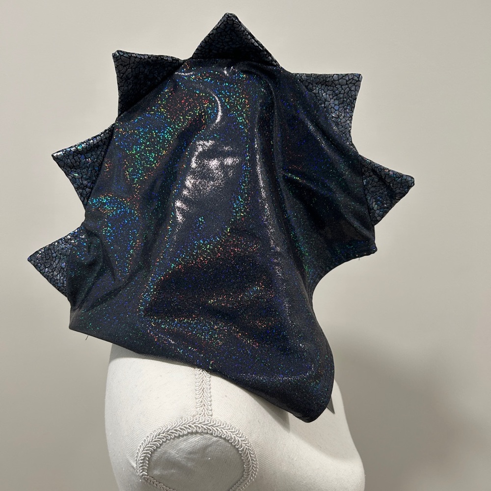 Holographic festival hood with dragon spikes, cowl neck